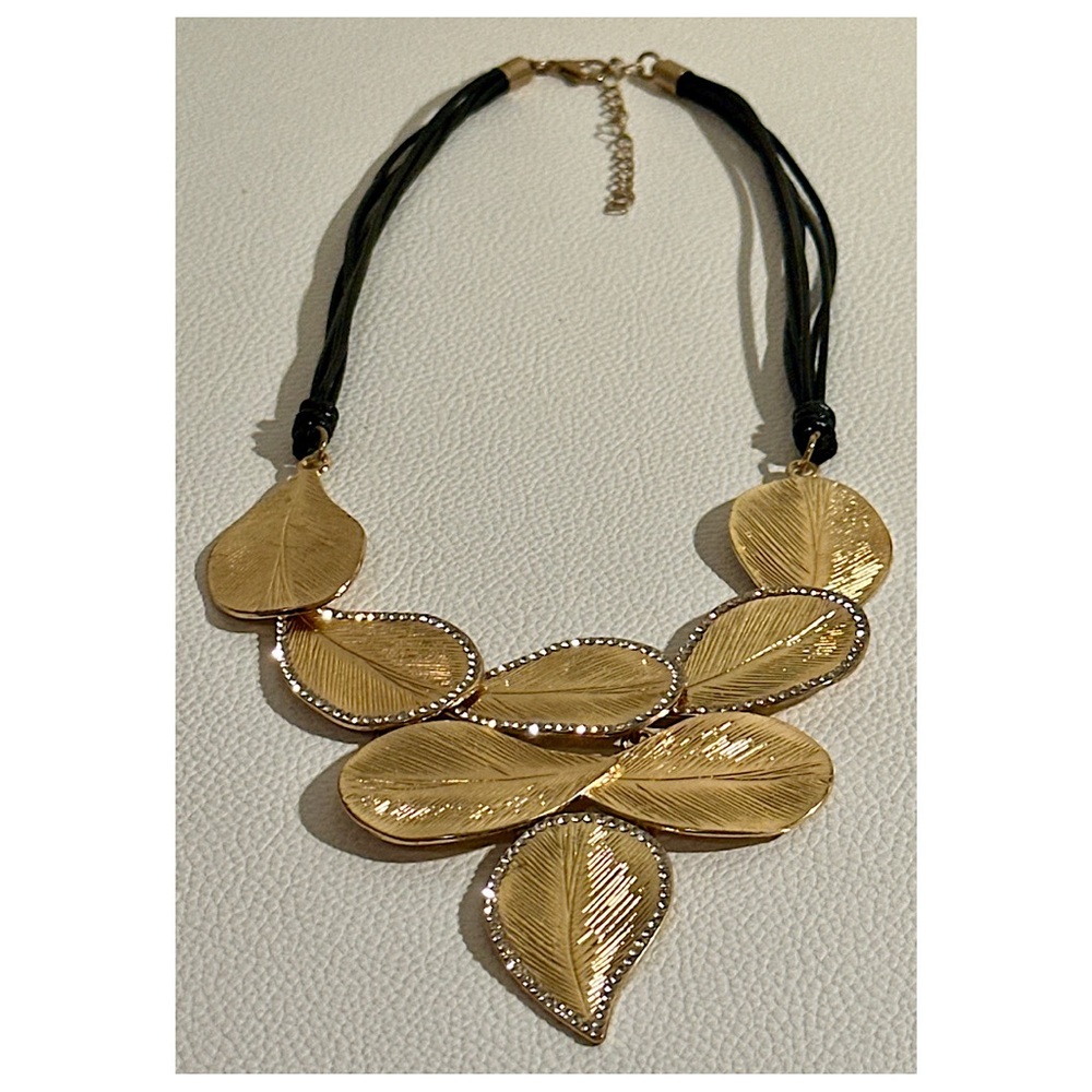 Gold Leaf Statement Necklace Black Cord Bib Necklace Like New